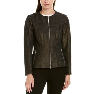 Lafayette 148 Courtney Jacket Zip Front Textured Black Gold Hardware Sz 14